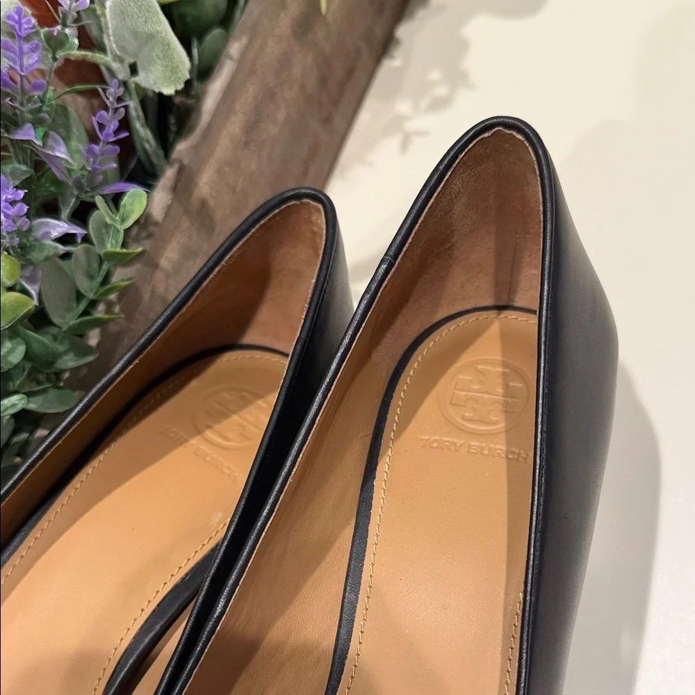 Tory Burch Black Leather Logo Medallion Ballet Flats